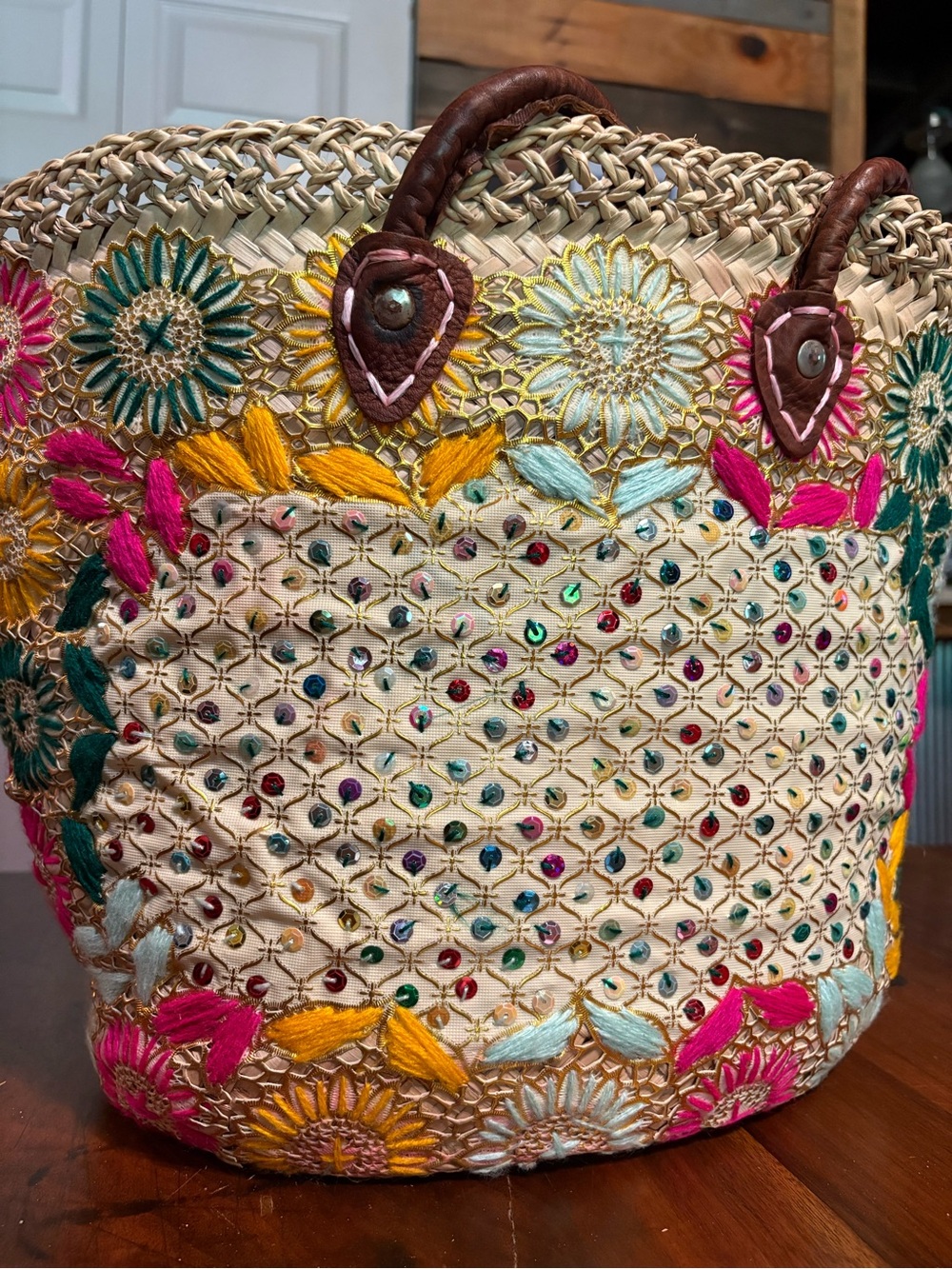 New with tags, The Winding Road Handwoven Embroidered Moroccan Basket - Picture 2 of 8